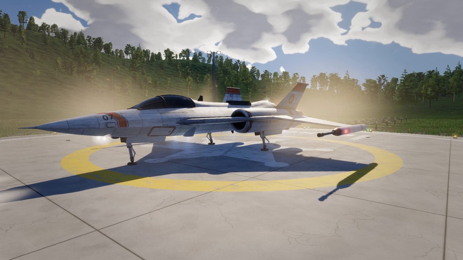 The interceptor parked on an outpost landing pad, dust still settling.