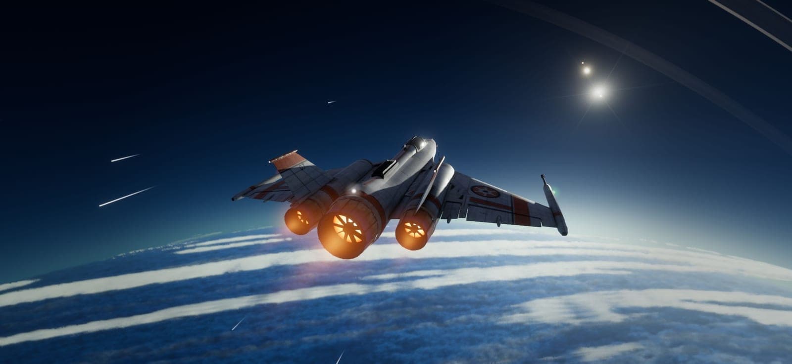 The interceptor seen from behind, high over a blue planet streaked with cloud.
