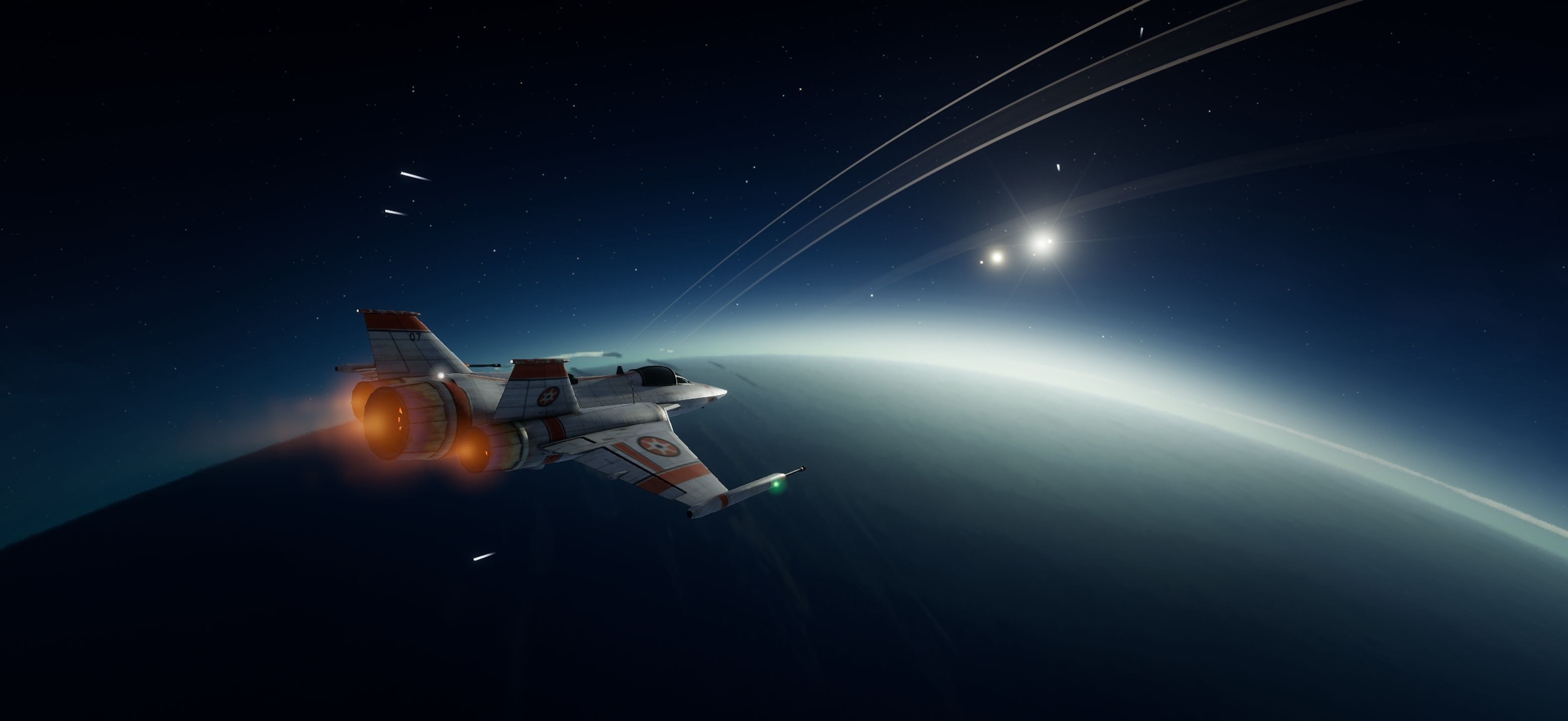 A white and orange interceptor, engines glowing, flies over the dark side of a ringed blue planet as the sun rises past its rim.